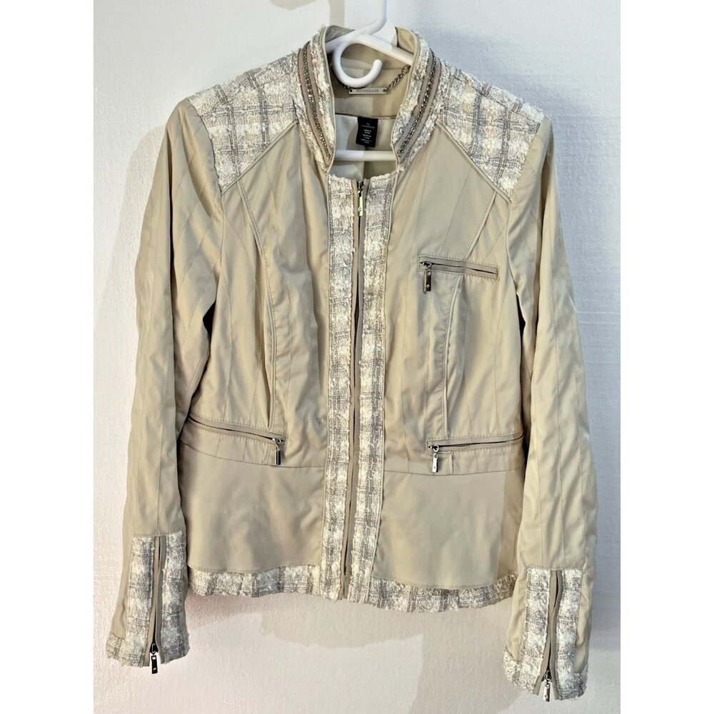 White House Black Market Jacket Women's 12 Cream Plaid Trim Neutral Career ZIP